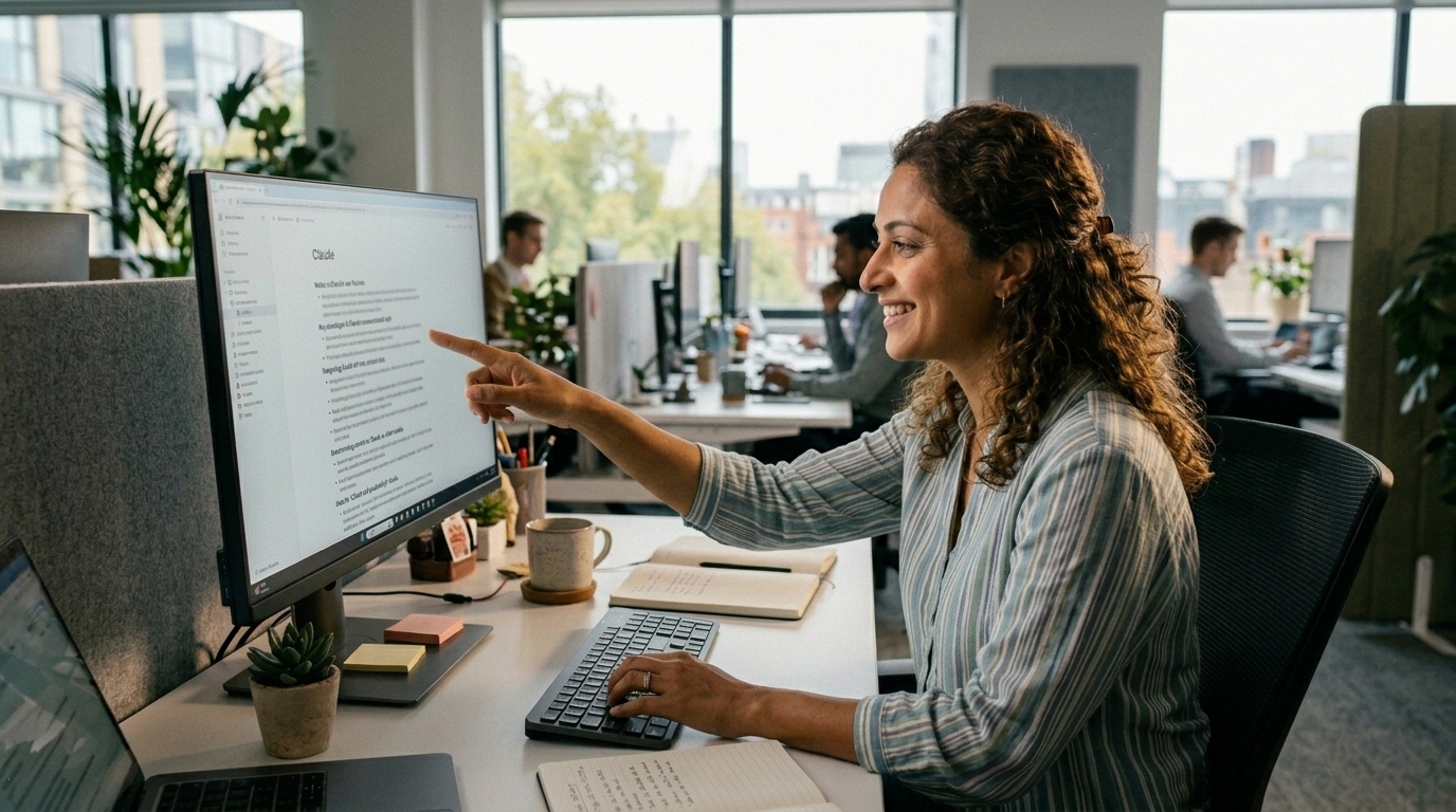 Woman at an open office desk smiling and pointing at her computer screen — illustrating confirmation bias in AI prompting, where the user seeks validation rather than objective analysis