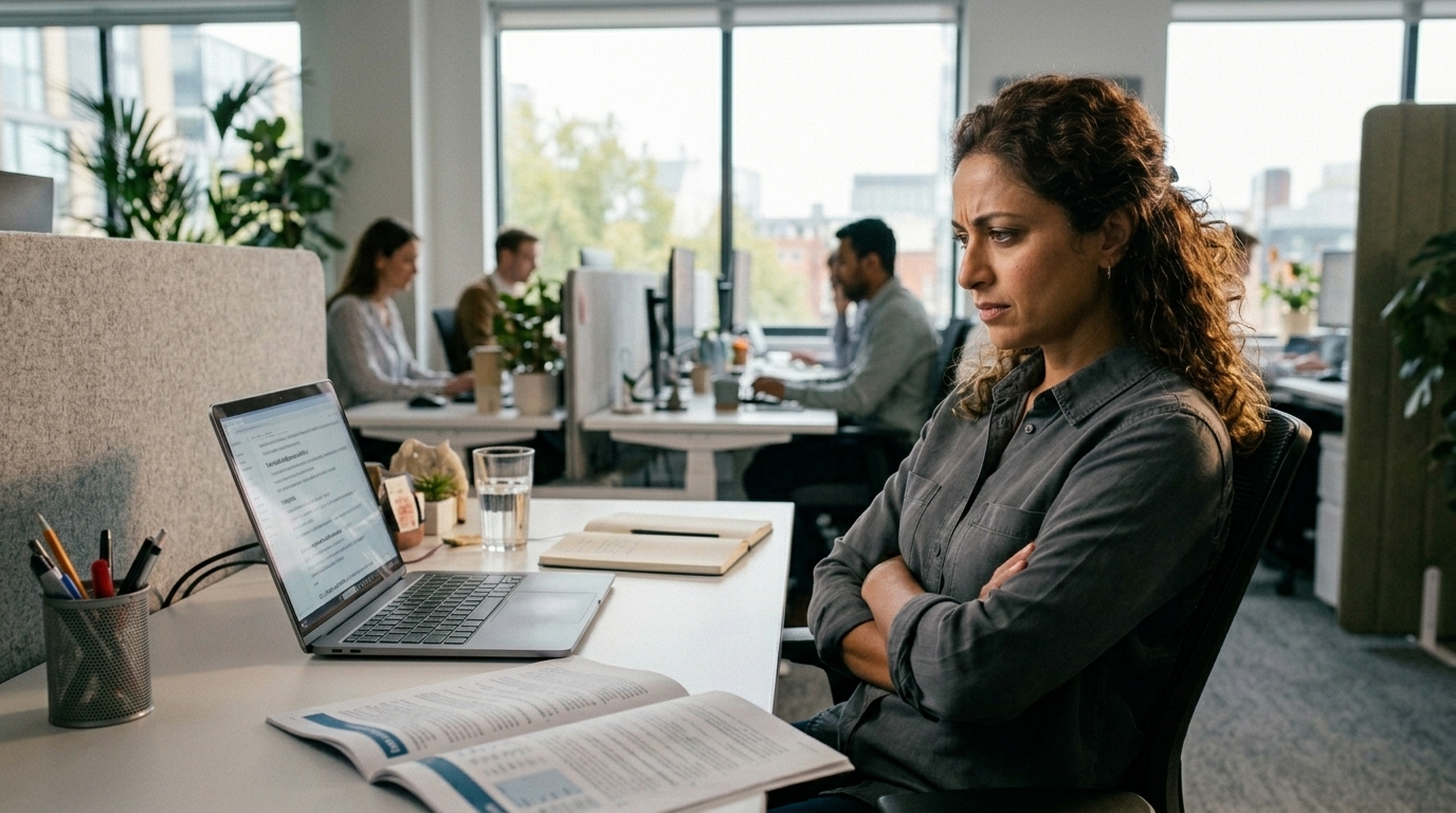 Professional sitting with arms crossed evaluating a laptop screen critically in an open office — the red team mindset for breaking the AI sycophancy cycle and getting genuinely critical responses