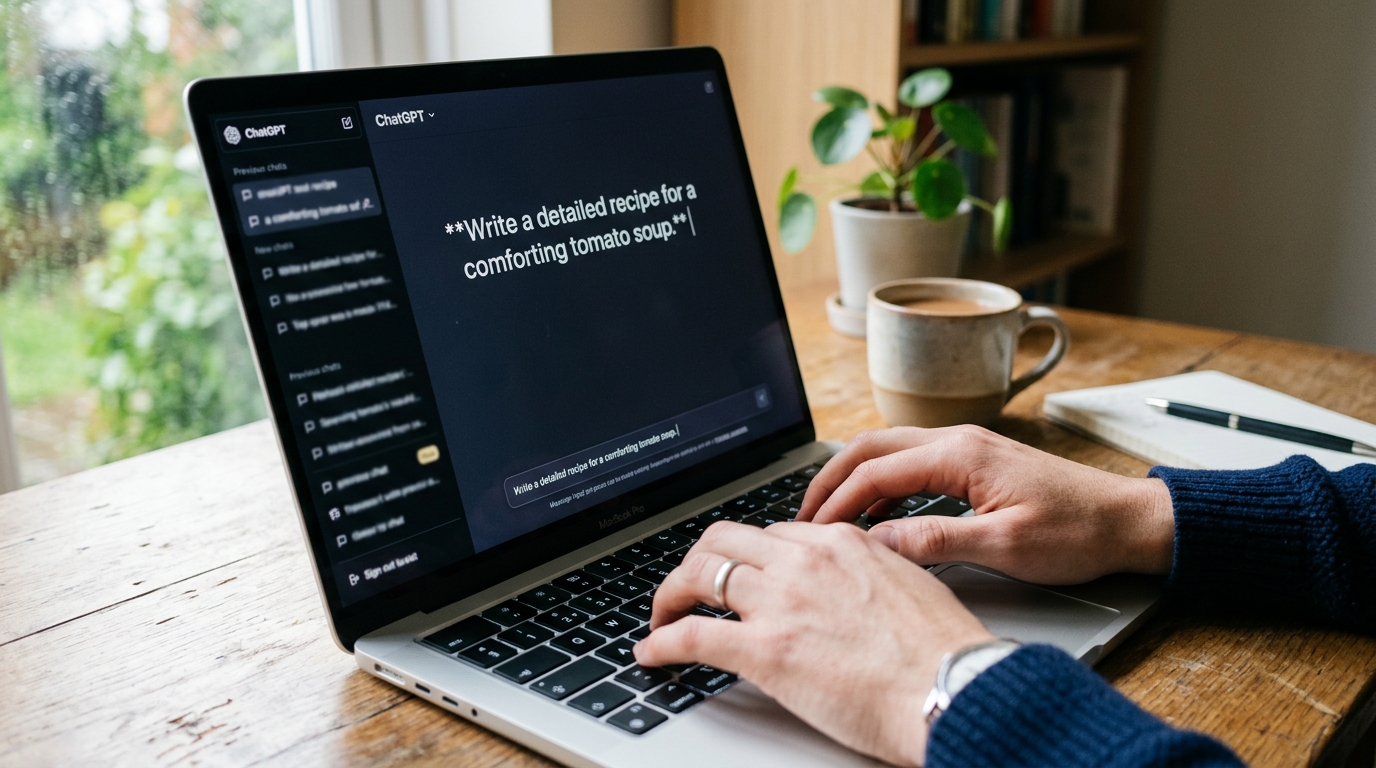Hands typing a prompt into ChatGPT on a MacBook laptop — a real example of writing AI prompts with specific, structured instructions