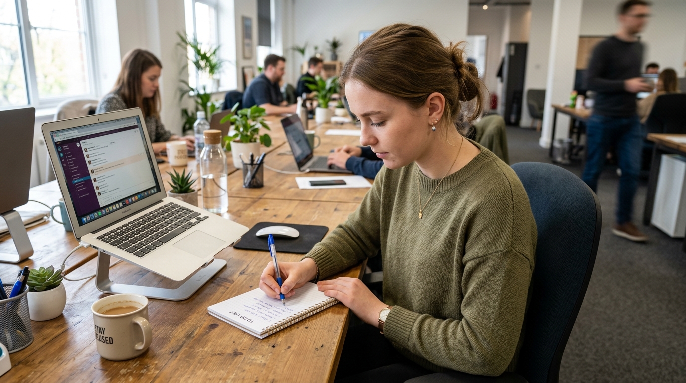Professional writing structured notes in a notebook next to a laptop in an open office — applying the prompt engineering formula to plan effective AI instructions